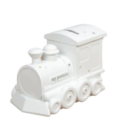 Bambino White Resin Train Money Bank by Juliana - Christening Gifts
